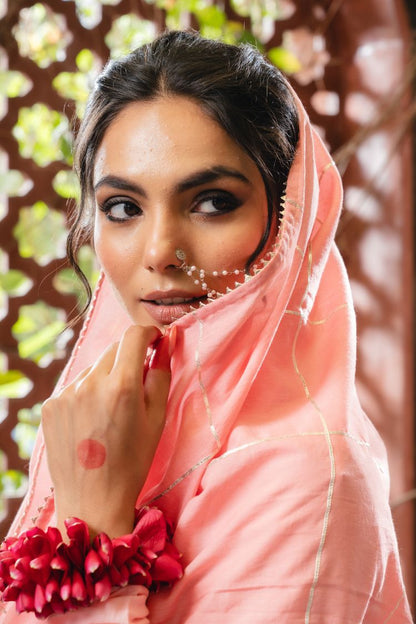 'SHARBAT' Blush Pink & Ombré Mulmul Cotton Anarkali (Set Of 3)