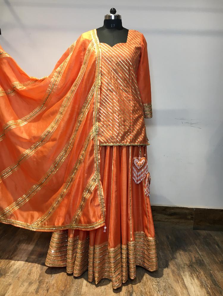 'NAARANGI NOOR' Orange Handloom Chanderi Silk Kalidar Ghaghra (Set of 3)