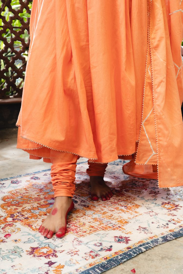 'KESARI' Orange Mulmul Cotton Anarkali (Set Of 3)