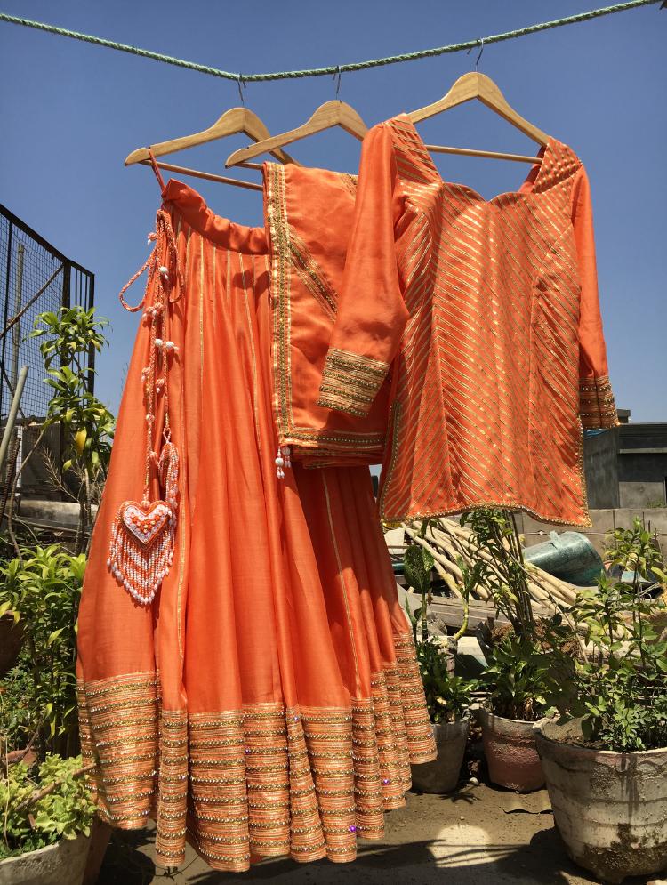 'NAARANGI NOOR' Orange Handloom Chanderi Silk Kalidar Ghaghra (Set of 3)