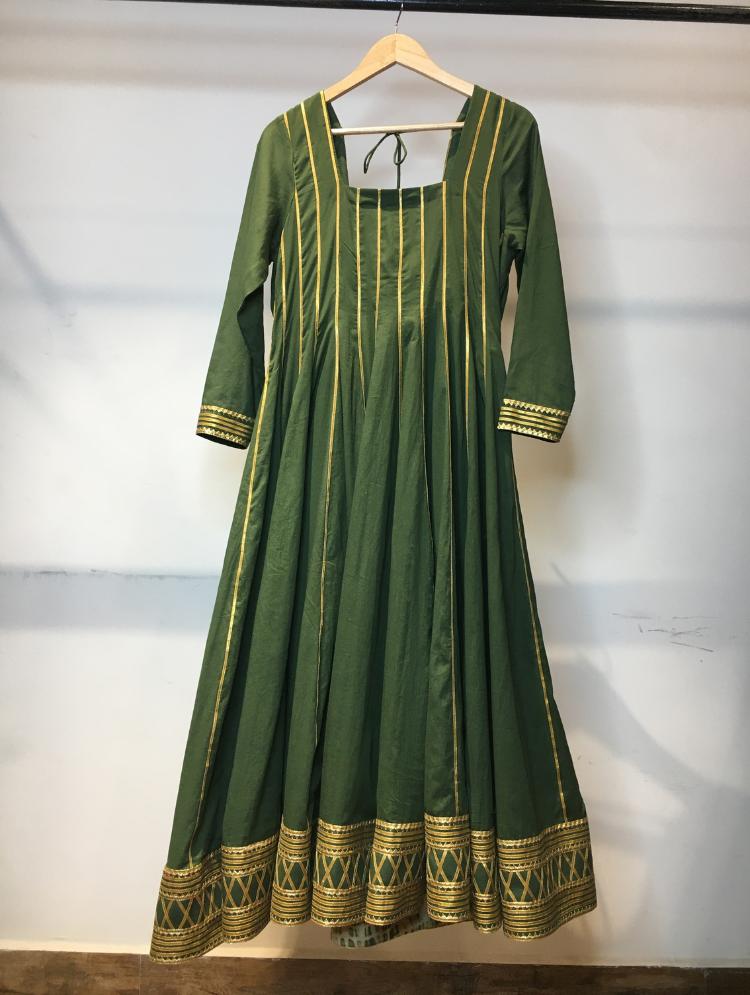 'BELA' Green Mulmul Cotton Kalidar Anarkali