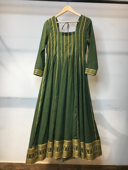 'BELA' Green Mulmul Cotton Kalidar Anarkali