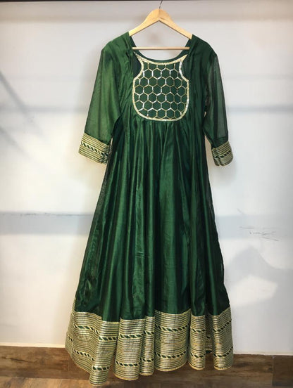 'CHAMPA' Bottle Green Handloom Chanderi Silk Anarkali