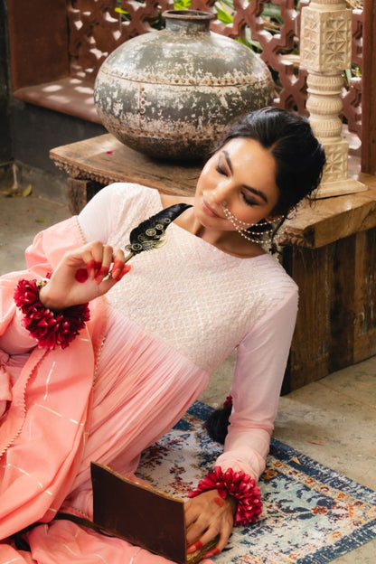 'SHARBAT' Blush Pink & Ombré Mulmul Cotton Anarkali (Set Of 3)