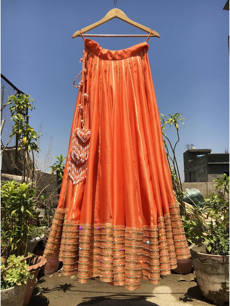 'NAARANGI NOOR' Orange Handloom Chanderi Silk Kalidar Ghaghra (Set of 3)
