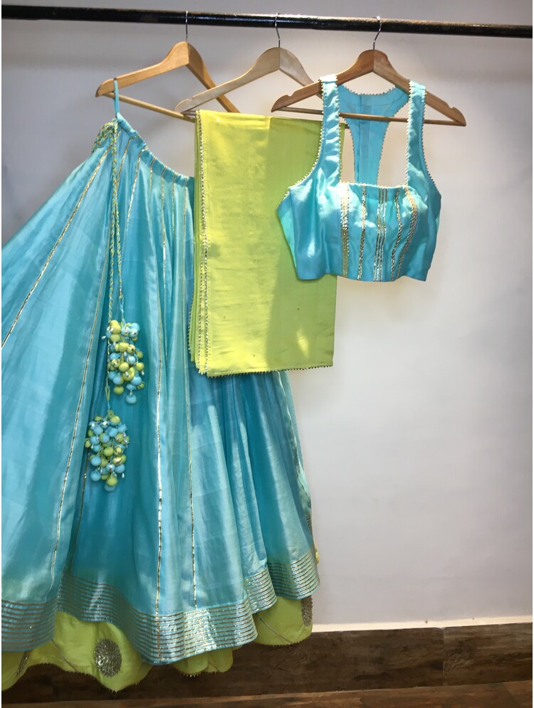 'RANG-E-HAYA' Sea Green & Lime Yellow Double Layered Handloom Chanderi Silk Kalidar Ghaghra (Set Of 3)
