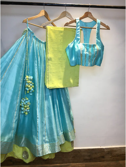 'RANG-E-HAYA' Sea Green & Lime Yellow Double Layered Handloom Chanderi Silk Kalidar Ghaghra (Set Of 3)