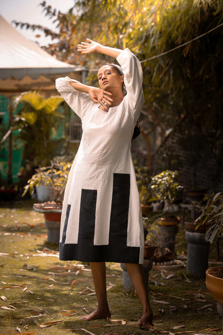 'WAY TO HEAVEN' Black And White Handwoven Cotton Dress