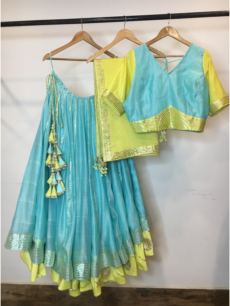 'RANG-E-HAYA' Sea Green & Lime Yellow Double Layered Handloom Chanderi Silk Kalidar Ghaghra (Set Of 3)