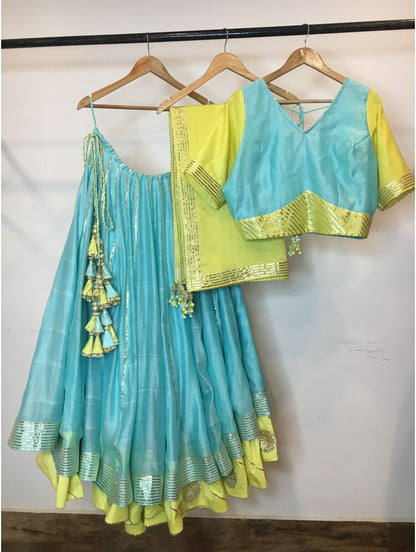 'RANG-E-HAYA' Sea Green & Lime Yellow Double Layered Handloom Chanderi Silk Kalidar Ghaghra (Set Of 3)