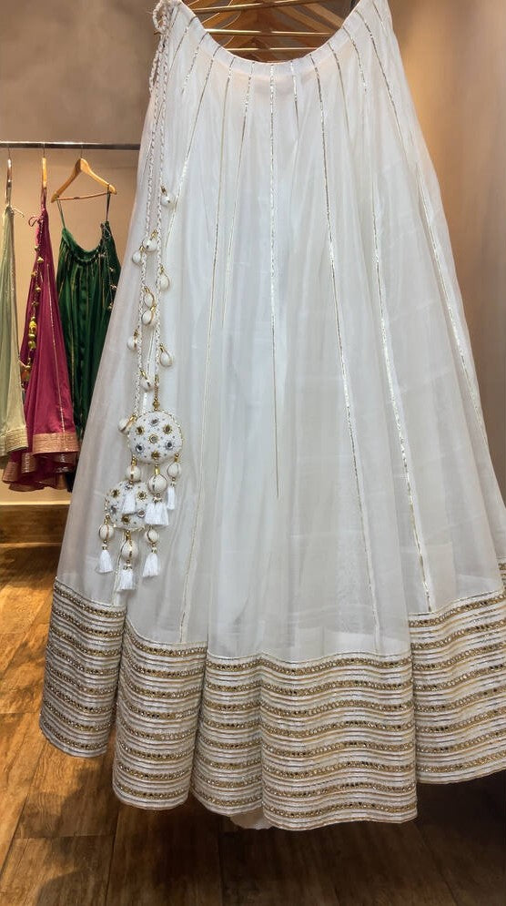 'JUGNU' White Handloom Chanderi Silk Kalidar Ghaghra