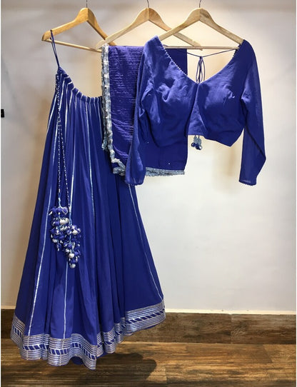 'NILAYA' Blue Mulmul Cotton Kalidar Ghaghra (Set Of 3)