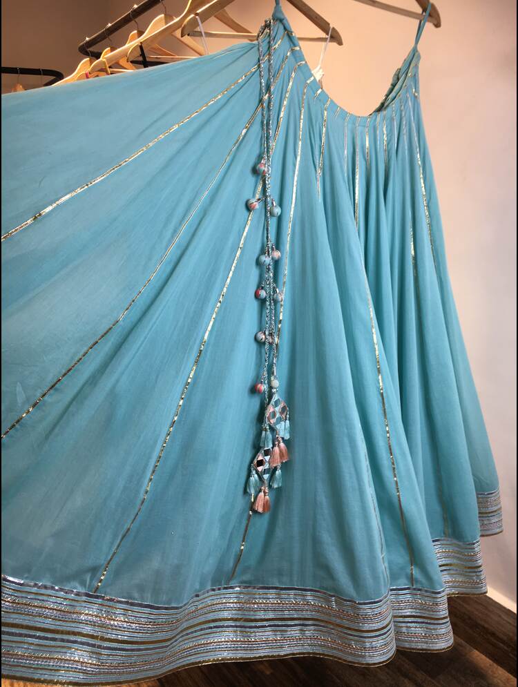 'Apsara' Mint Green Mulmul Cotton Kalidar Ghaghra