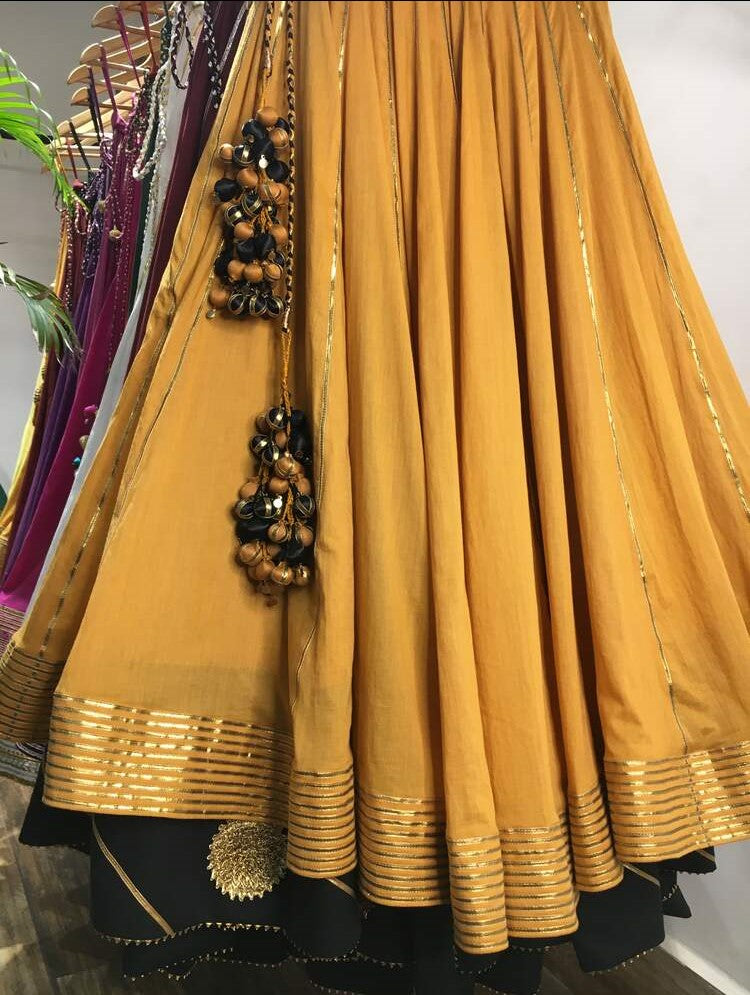 'SWARNIKA' Mustard/Golden And Black Mulmul Cotton Ghaghra