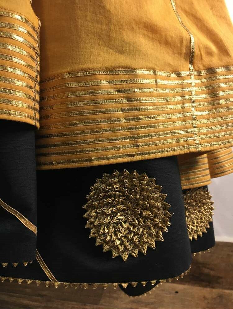 'SWARNIKA' Mustard/Golden And Black Mulmul Cotton Ghaghra