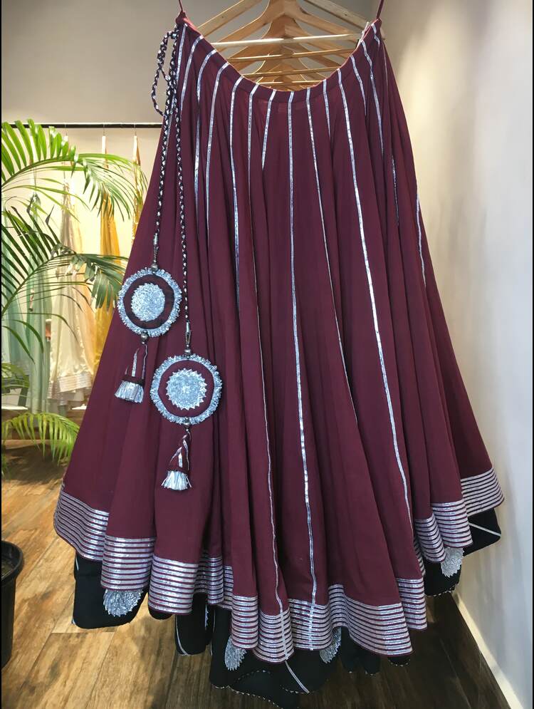 'MANMOHINI' Maroon And Black Double Layered Mulmul Cotton Kalidar Ghaghra