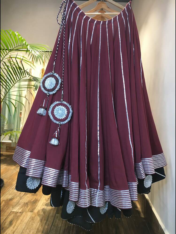 'MANMOHINI' Maroon And Black Double Layered Mulmul Cotton Kalidar Ghaghra