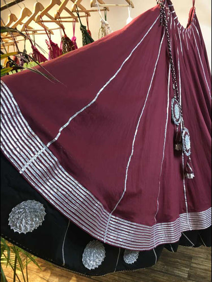 'MANMOHINI' Maroon And Black Double Layered Mulmul Cotton Kalidar Ghaghra