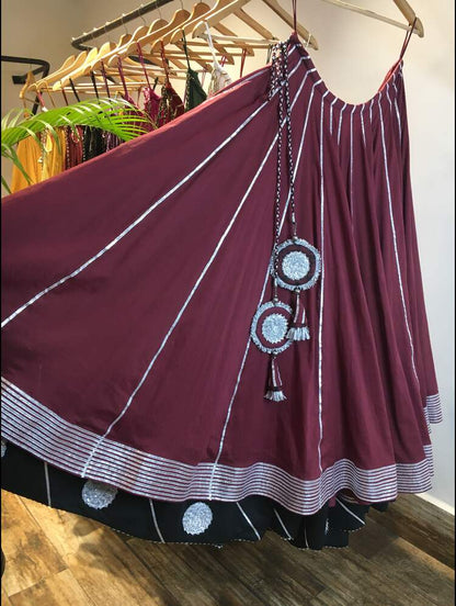 'MANMOHINI' Maroon And Black Double Layered Mulmul Cotton Kalidar Ghaghra