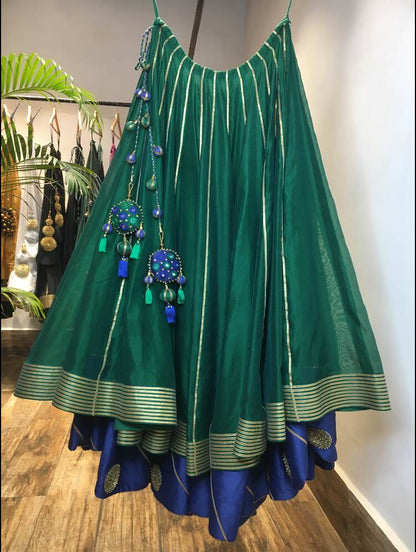 'MORNI' Green And Blue Double Layered Handloom Chanderi Silk Kalidar Ghaghra