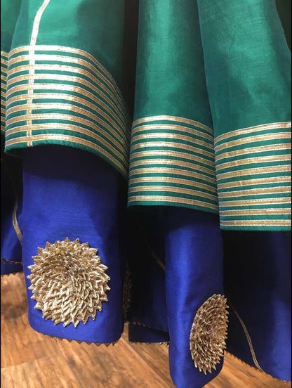 'MORNI' Green And Blue Double Layered Handloom Chanderi Silk Kalidar Ghaghra