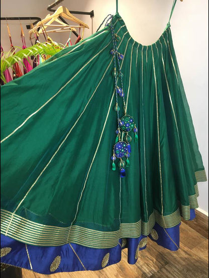 'MORNI' Green And Blue Double Layered Handloom Chanderi Silk Kalidar Ghaghra