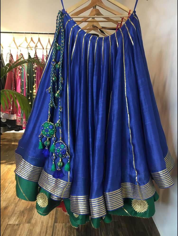 'NEELKAMAL' Blue And Green Double Layered Handloom Chanderi Silk Kalidar Ghaghra