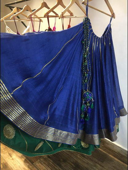 'NEELKAMAL' Blue And Green Double Layered Handloom Chanderi Silk Kalidar Ghaghra