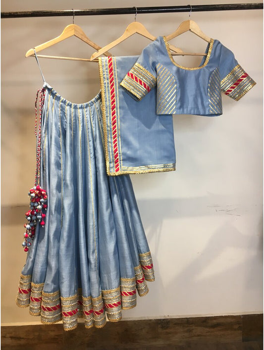 'MEHNOOR' Powder Blue Handloom Chanderi Silk Kalidar Ghaghra (Set Of 3)