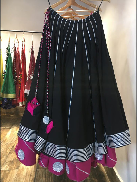 'MADHUBALA' Black And Pink Double Layered Mulmul Cotton Kalidar Ghaghra