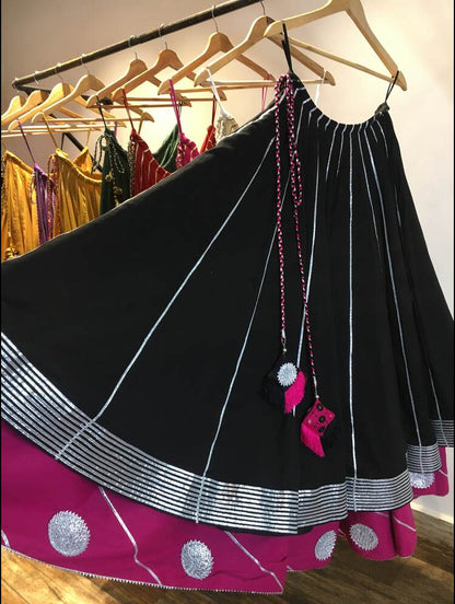 'MADHUBALA' Black And Pink Double Layered Mulmul Cotton Kalidar Ghaghra