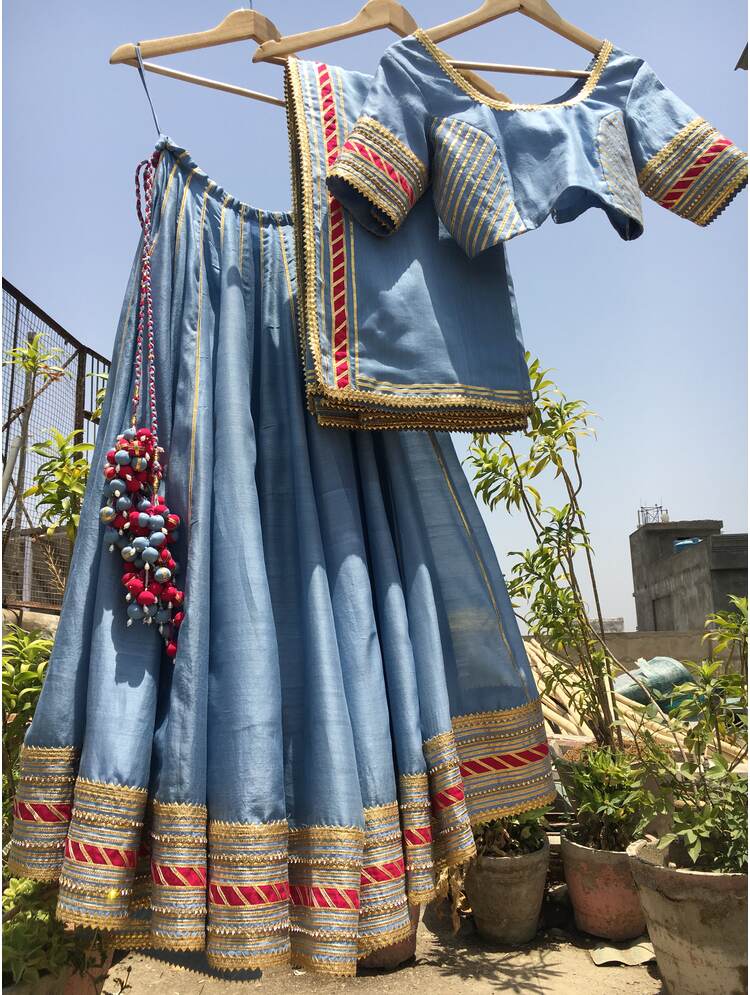 'MEHNOOR' Powder Blue Handloom Chanderi Silk Kalidar Ghaghra (Set Of 3)