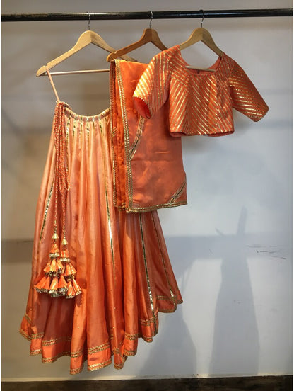 'KANISHKA' Orange Ombre Handloom Chanderi Silk Kalidar Ghaghra (Set of 3)