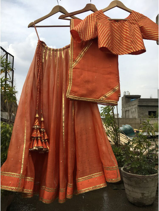 'KANISHKA' Orange Ombre Handloom Chanderi Silk Kalidar Ghaghra (Set of 3)