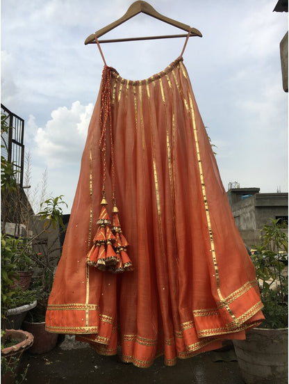 'KANISHKA' Orange Ombre Handloom Chanderi Silk Kalidar Ghaghra (Set of 3)