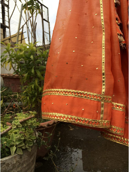 'KANISHKA' Orange Ombre Handloom Chanderi Silk Kalidar Ghaghra (Set of 3)