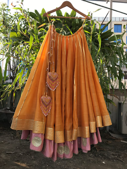 'LAILA' Mustard Yellow Double Layered Handloom Chanderi Silk Kalidar Ghaghra