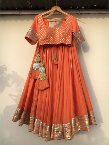 'SURYAMUKHI' Orange Mulmul Cotton Kalidar Ghaghra (Set Of 3)