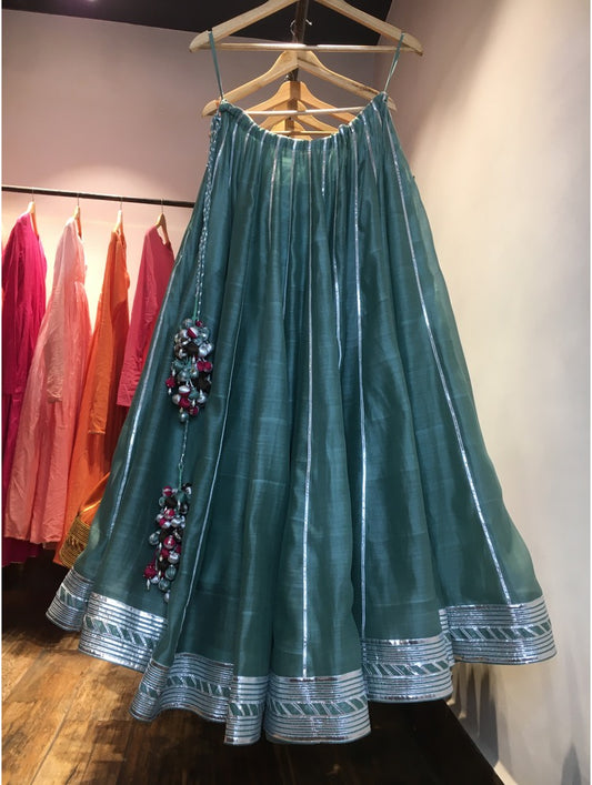 'MEHRU' Teal Blue Handloom Chanderi Silk Kalidar Ghaghra