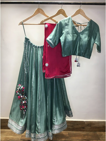 'MEHRU' Teal Blue Handloom Chanderi Silk Kalidar Ghaghra (Set Of 3)