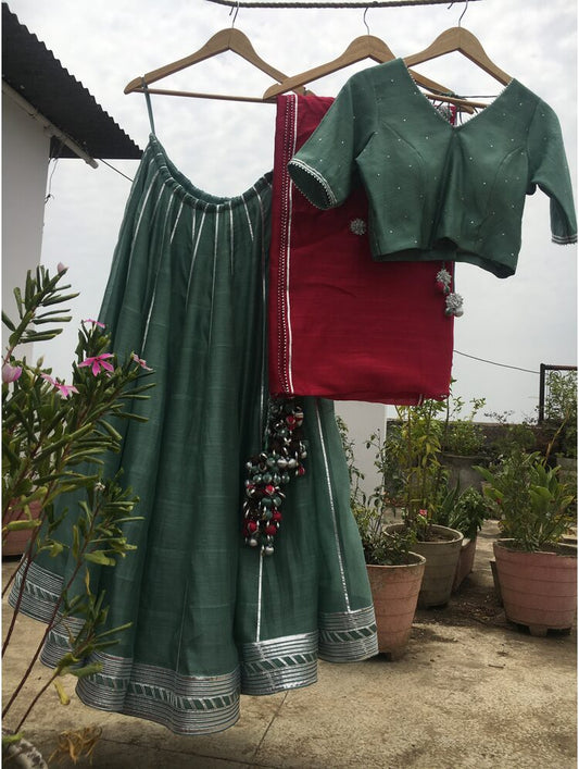 'MEHRU' Teal Blue Handloom Chanderi Silk Kalidar Ghaghra (Set Of 3)