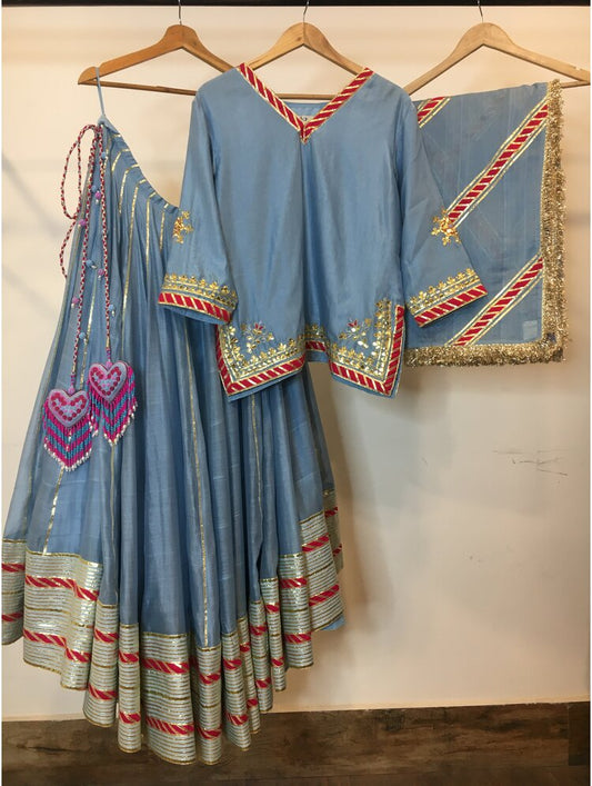 'HANSINI' Powder Blue Handloom Chanderi Silk Kalidar Ghaghra (Set Of 3)