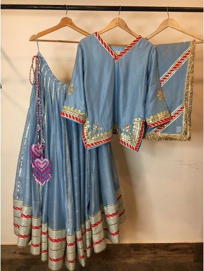 'HANSINI' Powder Blue Handloom Chanderi Silk Kalidar Ghaghra (Set Of 3)