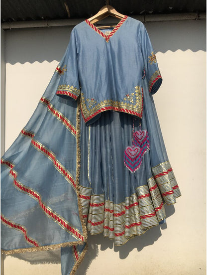 'HANSINI' Powder Blue Handloom Chanderi Silk Kalidar Ghaghra (Set Of 3)