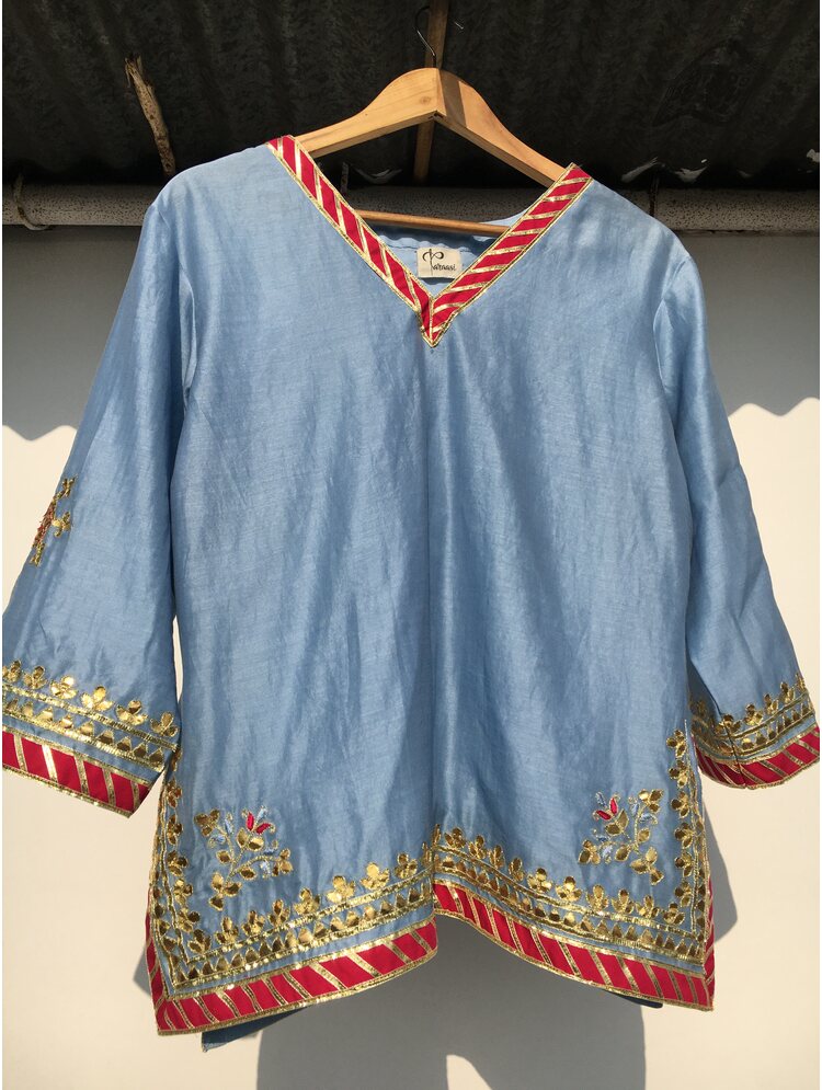 'HANSINI' Powder Blue Handloom Chanderi Silk Kalidar Ghaghra (Set Of 3)