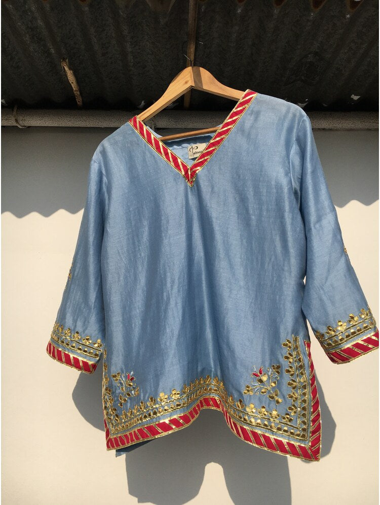 'HANSINI' Powder Blue Handloom Chanderi Silk Kalidar Ghaghra (Set Of 3)