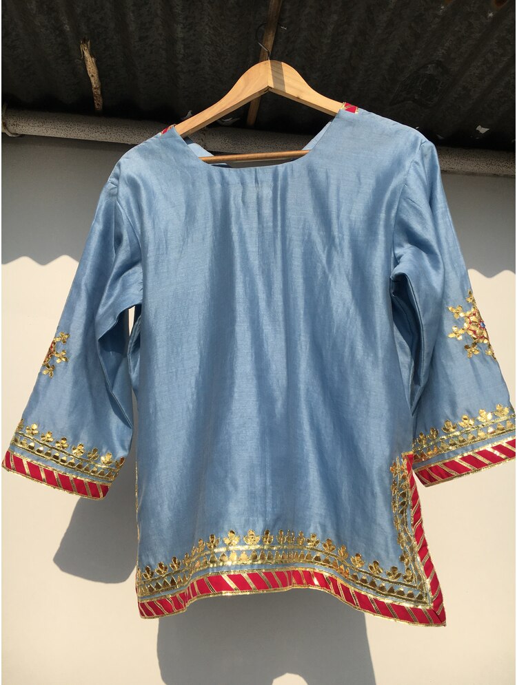 'HANSINI' Powder Blue Handloom Chanderi Silk Kalidar Ghaghra (Set Of 3)