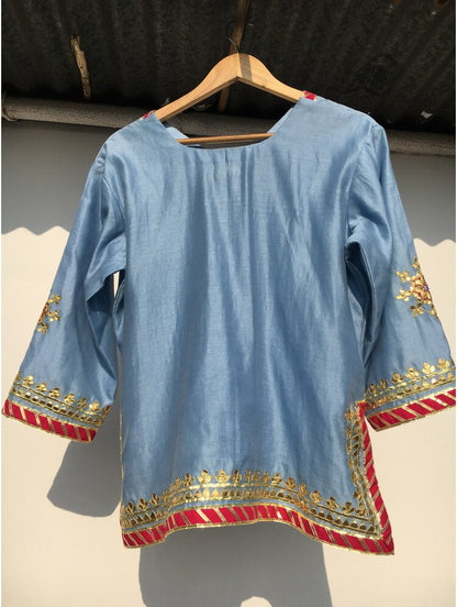 'HANSINI' Powder Blue Handloom Chanderi Silk Kalidar Ghaghra (Set Of 3)