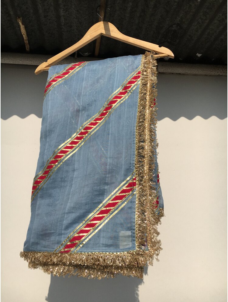 'HANSINI' Powder Blue Handloom Chanderi Silk Kalidar Ghaghra (Set Of 3)