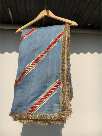 'HANSINI' Powder Blue Handloom Chanderi Silk Kalidar Ghaghra (Set Of 3)